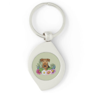 Airedale Terrier And Colorful Summer Flowers Green Keychain