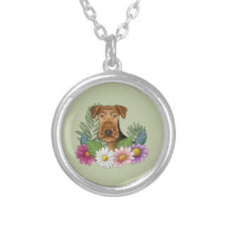 Airedale Terrier And Colorful Summer Flowers Green Silver Plated Necklace