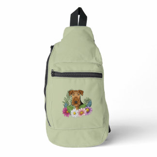 Airedale Terrier And Colorful Summer Flowers Green Sling Bag