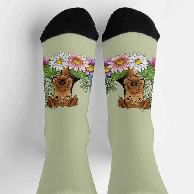 Airedale Terrier And Colorful Summer Flowers Green Socks (Top)