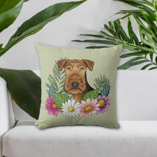 Airedale Terrier And Colorful Summer Flowers Green Throw Pillow