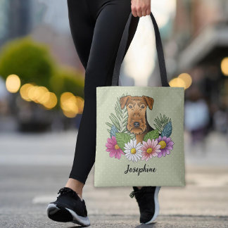 Airedale Terrier And Colorful Summer Flowers Green Tote Bag