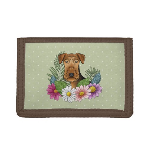Airedale Terrier And Colorful Summer Flowers Green Trifold Wallet