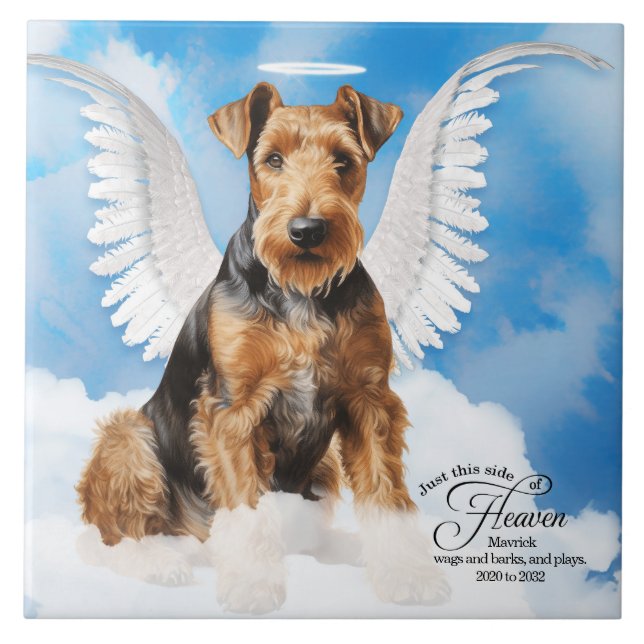 Airedale Terrier Angel Personalized Pet Memorial Ceramic Tile (Front)