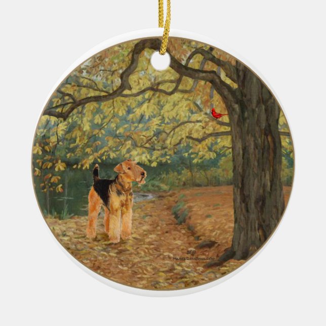 Airedale Terrier Birdwatching Ceramic Ornament (Front)