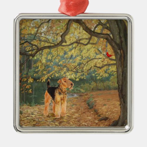 Airedale Terrier Birdwatching Metal Ornament