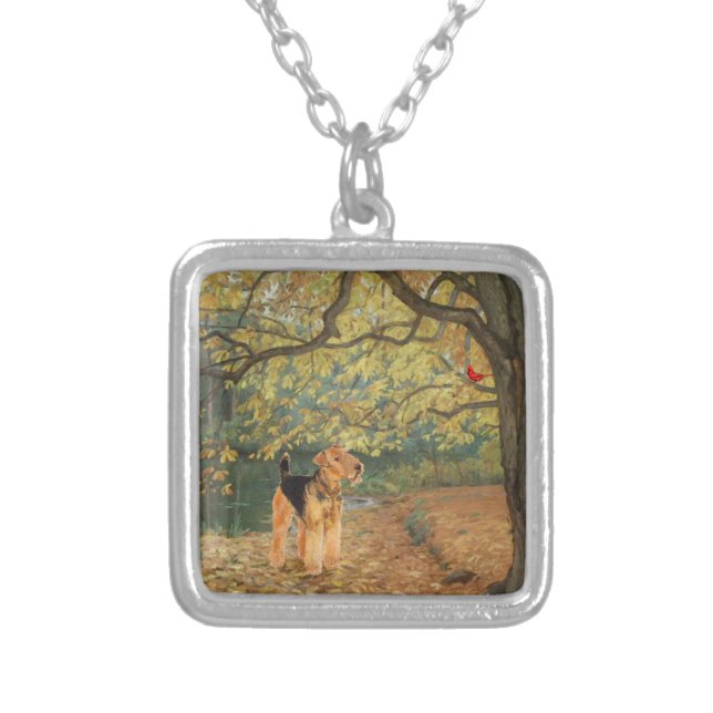 Airedale Terrier Birdwatching Silver Plated Necklace (Front)