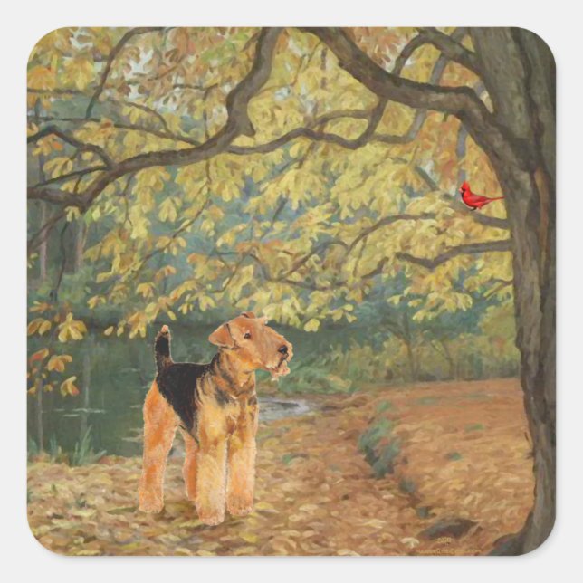 Airedale Terrier Birdwatching Square Sticker (Front)