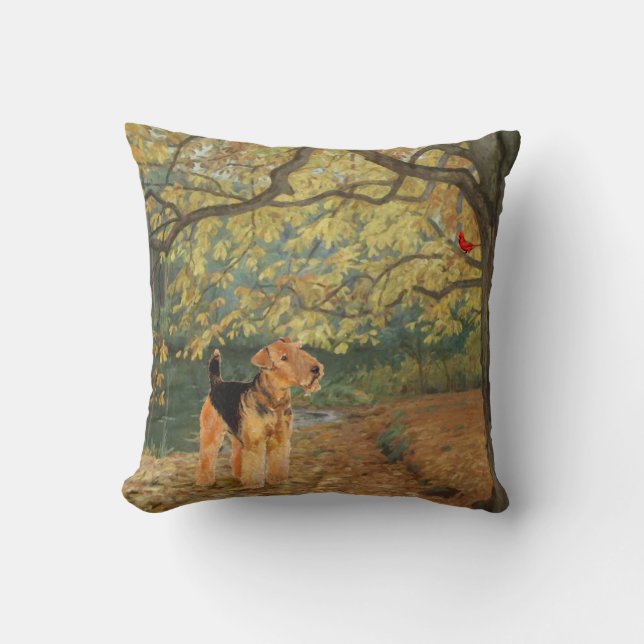 Airedale Terrier Birdwatching Throw Pillow (Front)