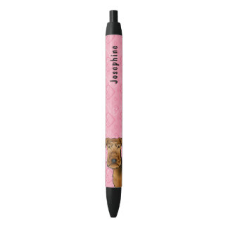 Airedale Terrier Cartoon Dog Head With Pink Hearts Black Ink Pen