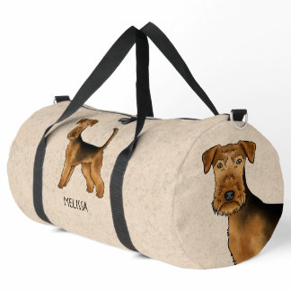 Airedale Terrier Cartoon Dog On Beige With Name Duffle Bag