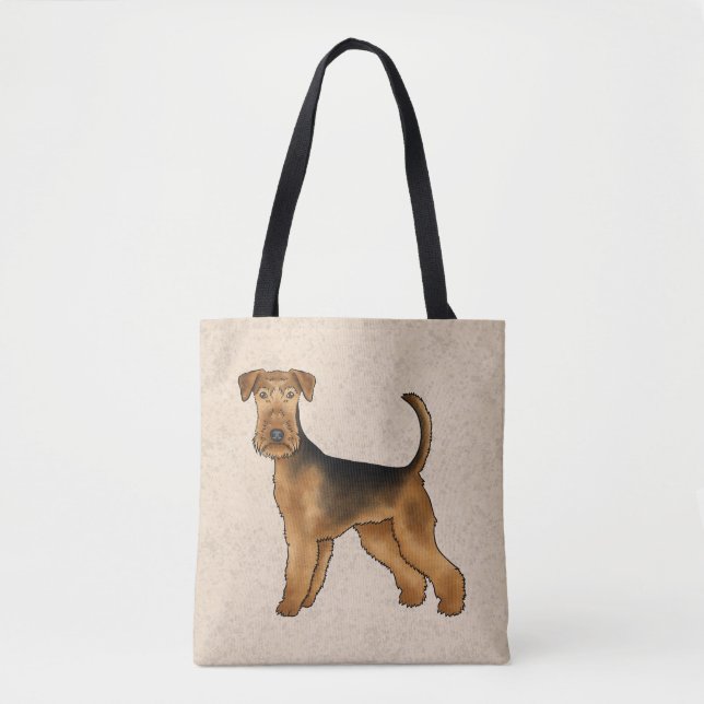Airedale Terrier Cartoon Dog Standing On Beige Tote Bag (Front)