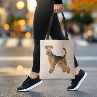 Airedale Terrier Cartoon Dog Standing On Beige Tote Bag