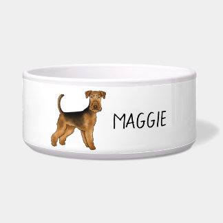 Airedale Terrier Cartoon Dog With Custom Pet Name Bowl