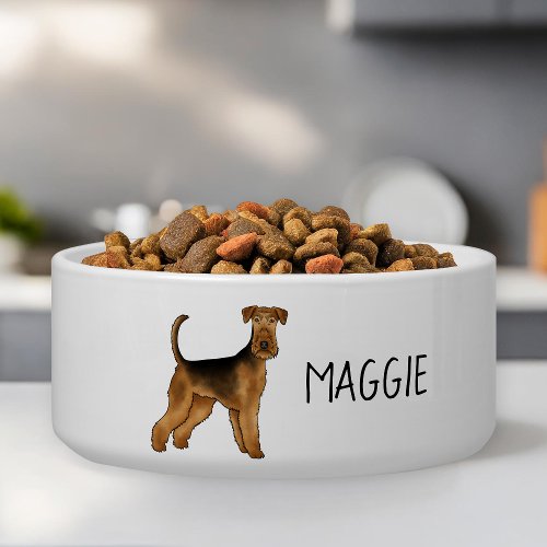 Airedale Terrier Cartoon Dog With Custom Pet Name Bowl
