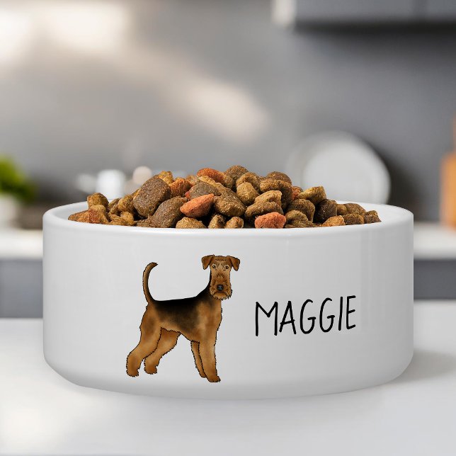 Airedale Terrier Cartoon Dog With Custom Pet Name Bowl (Please note: This image is a digital mockup. The product may not be in scale.)