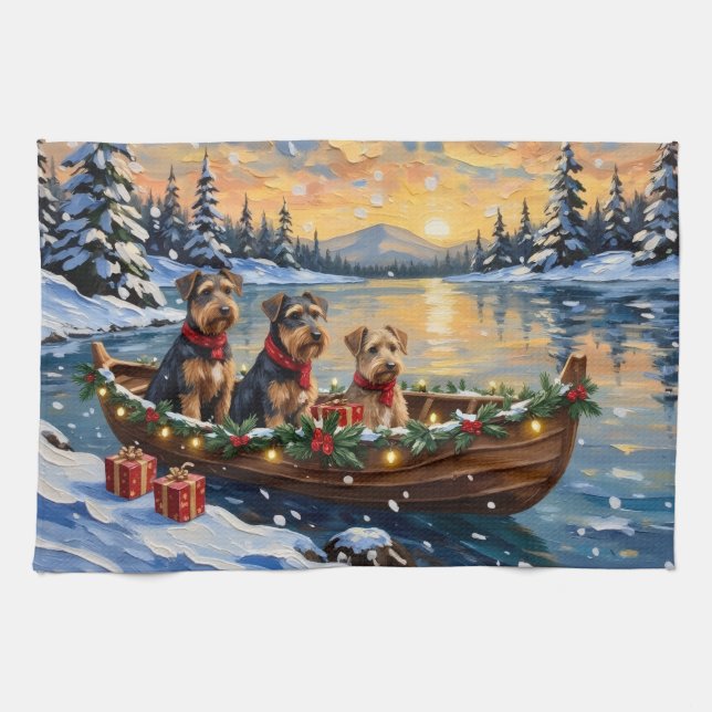 Airedale Terrier Christmas Boat Holiday Kitchen Towel (Horizontal)