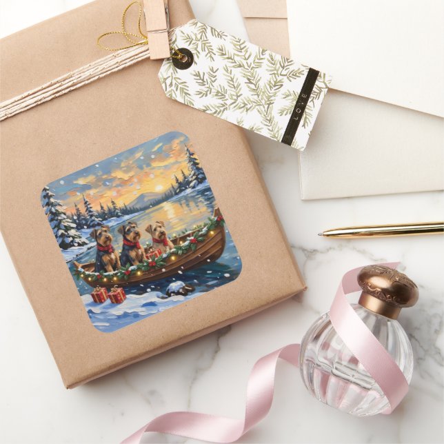 Airedale Terrier Christmas Boat Holiday Square Sticker (Gifting)