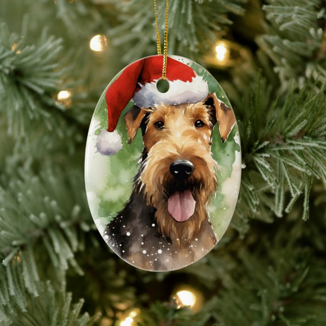 Airedale Terrier Christmas brush painting artwork Ceramic Ornament (Tree)