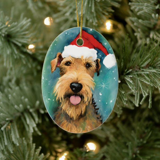 Airedale Terrier Christmas brush painting artwork Ceramic Ornament (Tree)