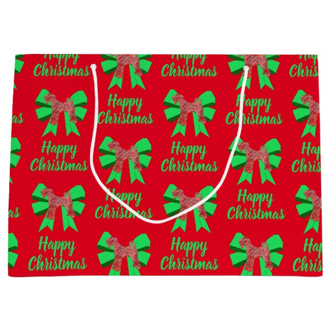Airedale Terrier Christmas Dog & Green Bow  Large Gift Bag (Front)