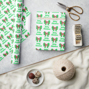 Airedale Terrier Christmas Dog & Green Bow White Wrapping Paper