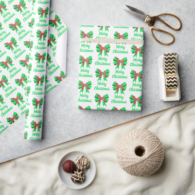 Airedale Terrier Christmas Dog & Green Bow White Wrapping Paper (Crafts)