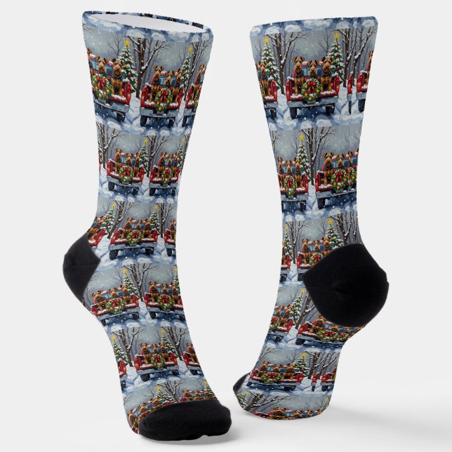 Airedale Terrier Christmas Red Truck Holiday Socks (Angled)