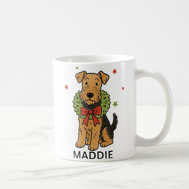 Airedale Terrier Christmas Wreath & Red Bow Coffee Mug (Right)