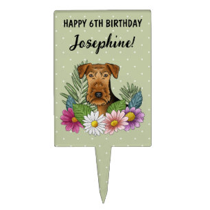 Airedale Terrier Colorful Floral Happy Birthday Cake Topper