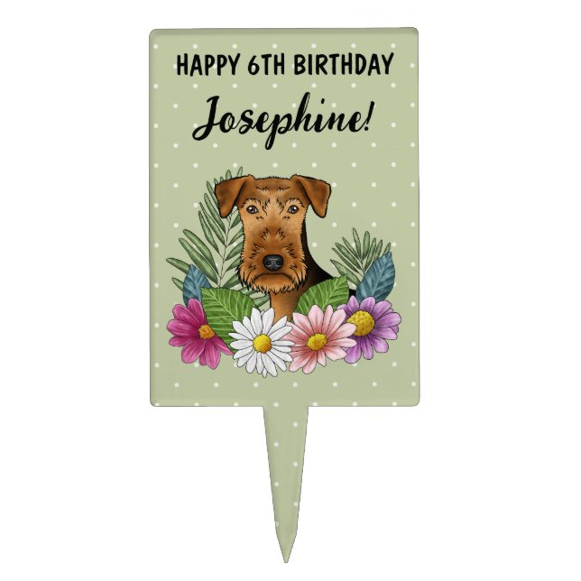 Airedale Terrier Colorful Floral Happy Birthday Cake Topper (Front)