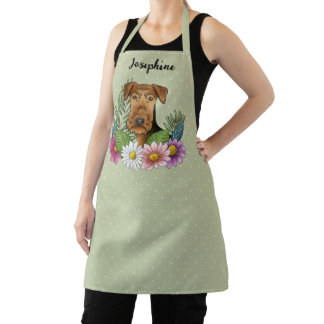 Airedale Terrier Colorful Flowers And Name Green Apron