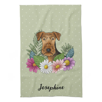 Airedale Terrier Colorful Flowers And Name Green Kitchen Towel