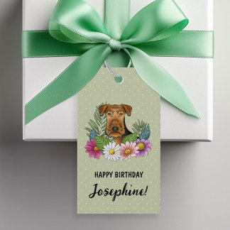 Airedale Terrier Colorful Flowers Birthday Green Gift Tags