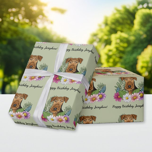 Airedale Terrier Colorful Flowers Birthday Green Wrapping Paper (Creator Uploaded)