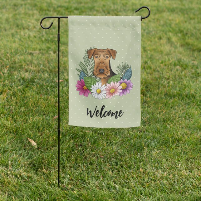 Airedale Terrier Colorful Flowers Welcome Green Garden Flag (In SItu)