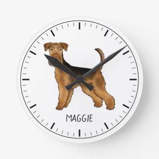 Airedale Terrier Cute Cartoon Dog And Custom Name Round Clock