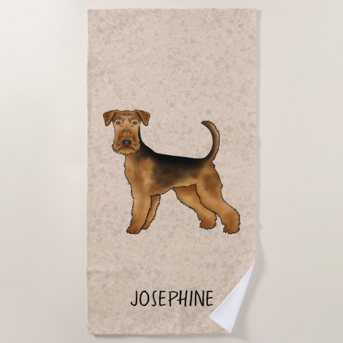 Airedale Terrier Cute Cartoon Dog And Name Beige Beach Towel