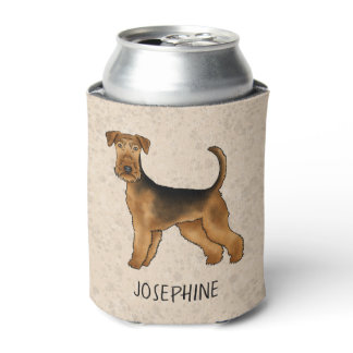 Airedale Terrier Cute Cartoon Dog And Name Beige Can Cooler