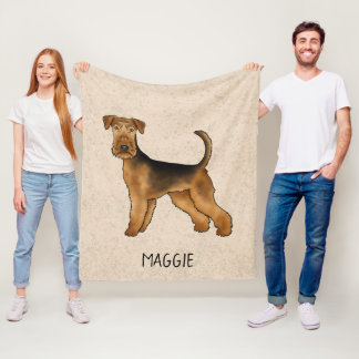 Airedale Terrier Cute Cartoon Dog And Name Beige Fleece Blanket