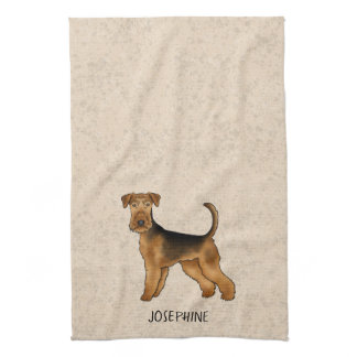 Airedale Terrier Cute Cartoon Dog And Name Beige Kitchen Towel