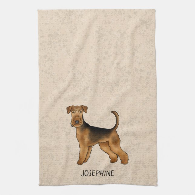 Airedale Terrier Cute Cartoon Dog And Name Beige Kitchen Towel (Vertical)