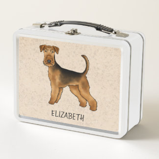 Airedale Terrier Cute Cartoon Dog And Name Beige Metal Lunch Box