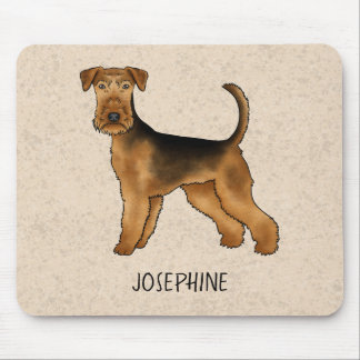 Airedale Terrier Cute Cartoon Dog And Name Beige Mouse Pad