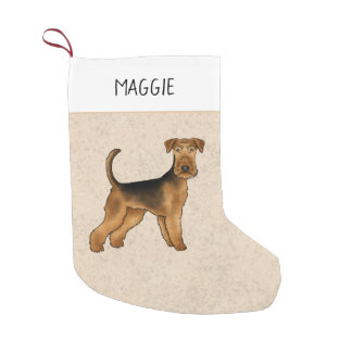 Airedale Terrier Cute Cartoon Dog And Name Beige Small Christmas Stocking