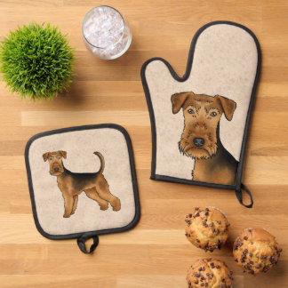 Airedale Terrier Cute Cartoon Dog Bingley Terrier Oven Mitt &amp; Pot Holder Set