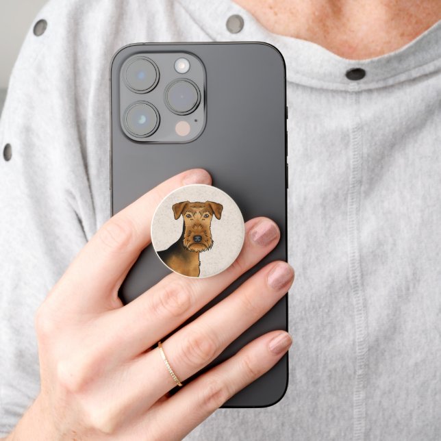 Airedale Terrier Cute Cartoon Dog Head On Beige PopSocket (Hand)