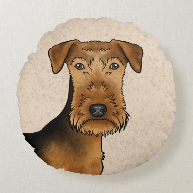 Airedale Terrier Cute Cartoon Dog Head On Beige Round Pillow (Front)