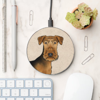 Airedale Terrier Cute Cartoon Dog Head On Beige Wireless Charger