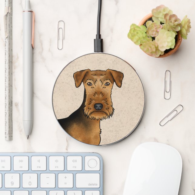 Airedale Terrier Cute Cartoon Dog Head On Beige Wireless Charger (Desk)